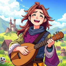 A vibrant anime-style character named Maximiliano, a 30-year-old bard with a carefree demeanor, depicting his life journey