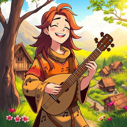 A vibrant anime-style character named Maximiliano, a 30-year-old bard with a carefree demeanor, depicting his life journey