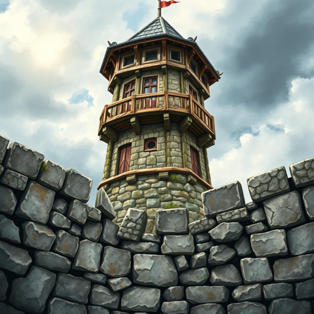 A beautifully designed board game card featuring a captivating medieval watch tower set against a cloudy sky