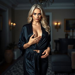 A beautiful blonde model with striking blue eyes, wearing a slightly open silk black robe, gracefully walking through her elegantly styled living room