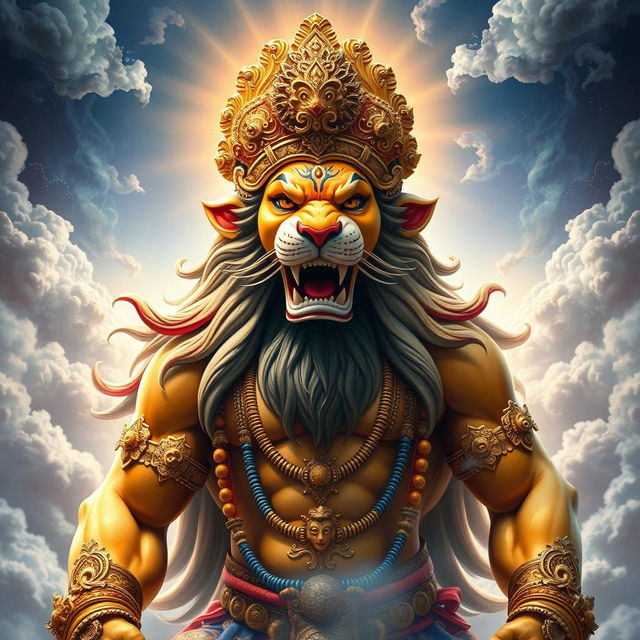 A majestic depiction of Lord Vishnu's Narsimha Avatar, showcasing his powerful and divine form