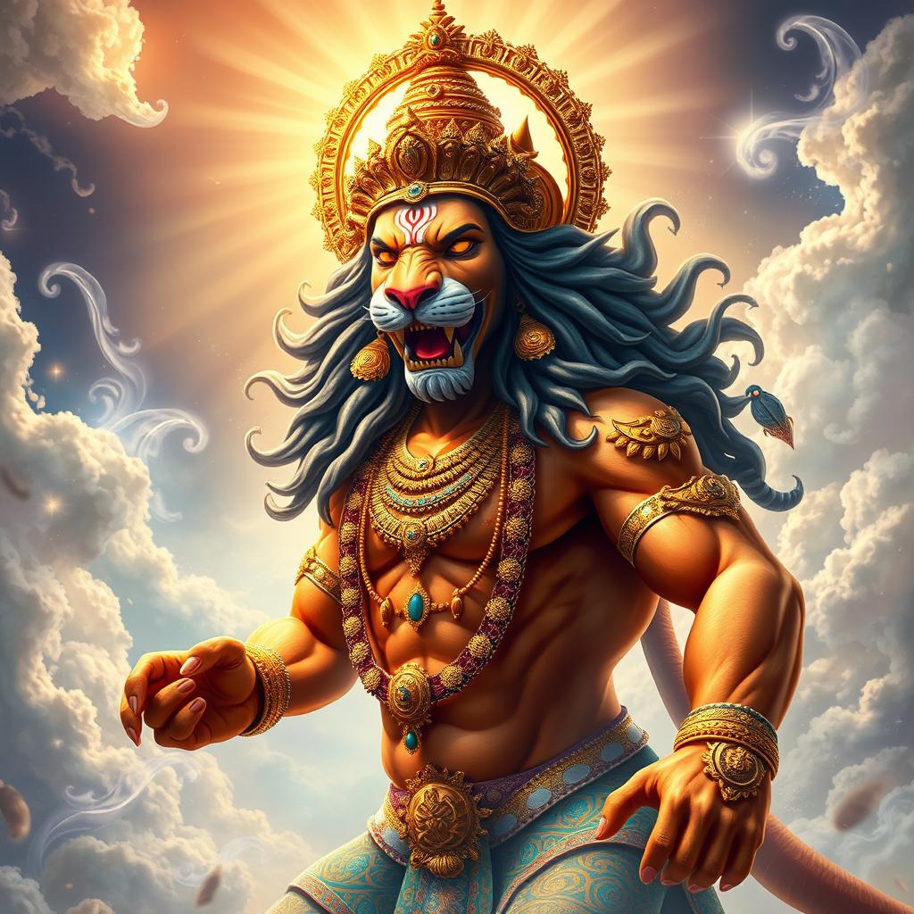 A majestic depiction of Lord Vishnu's Narsimha Avatar, showcasing his powerful and divine form