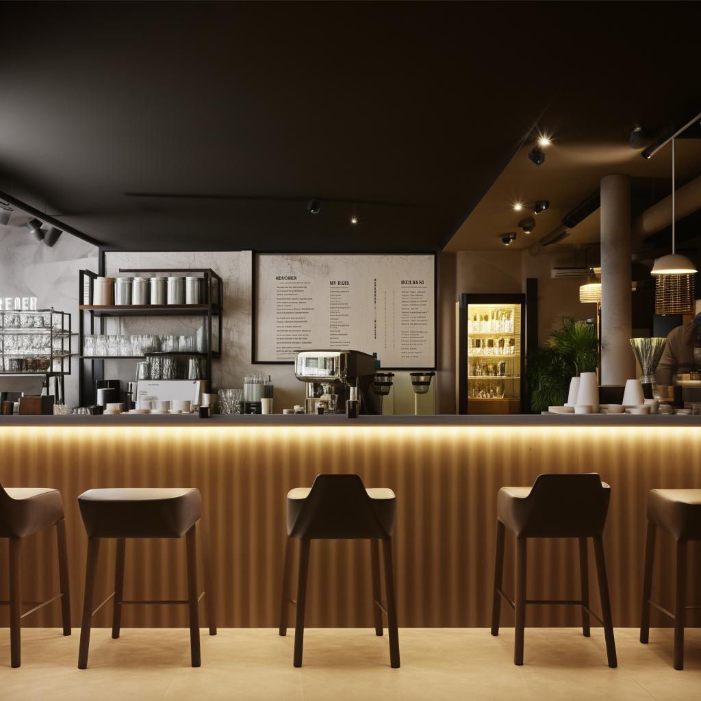 Interior design of a 10m x 10m coffee shop with comfortable seating, aesthetic lighting, and an inviting coffee bar.