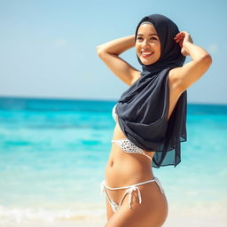 A stunning woman in a hijab, wearing a string bikini that creatively covers only the essential areas such as the nipples and genitals, blending traditional attire with modern beachwear style