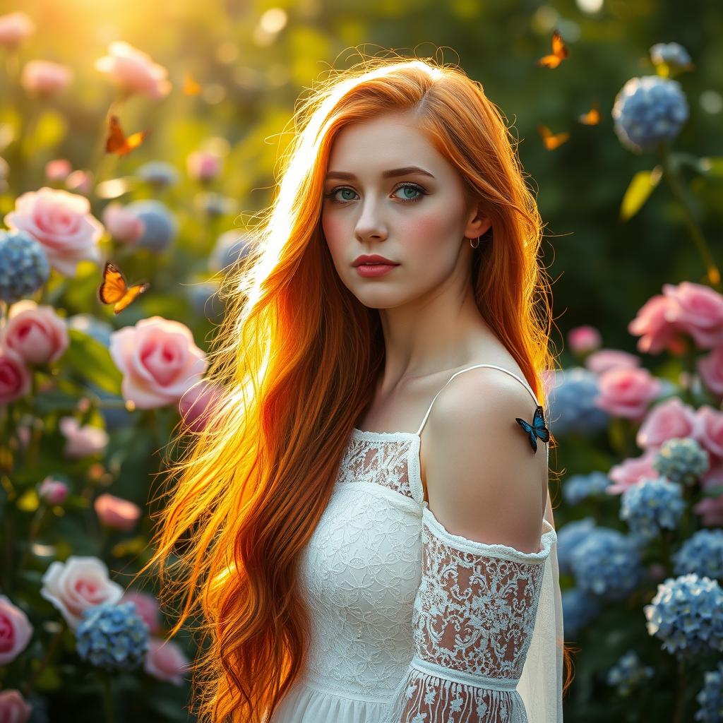 A captivating portrait of a woman with long, flowing red hair illuminated by soft golden sunlight
