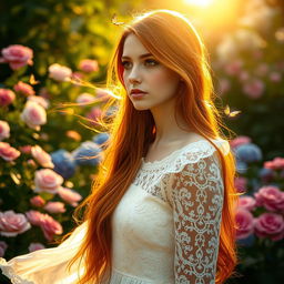 A captivating portrait of a woman with long, flowing red hair illuminated by soft golden sunlight