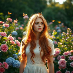 A captivating portrait of a woman with long, flowing red hair illuminated by soft golden sunlight