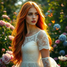 A captivating portrait of a woman with long, flowing red hair illuminated by soft golden sunlight