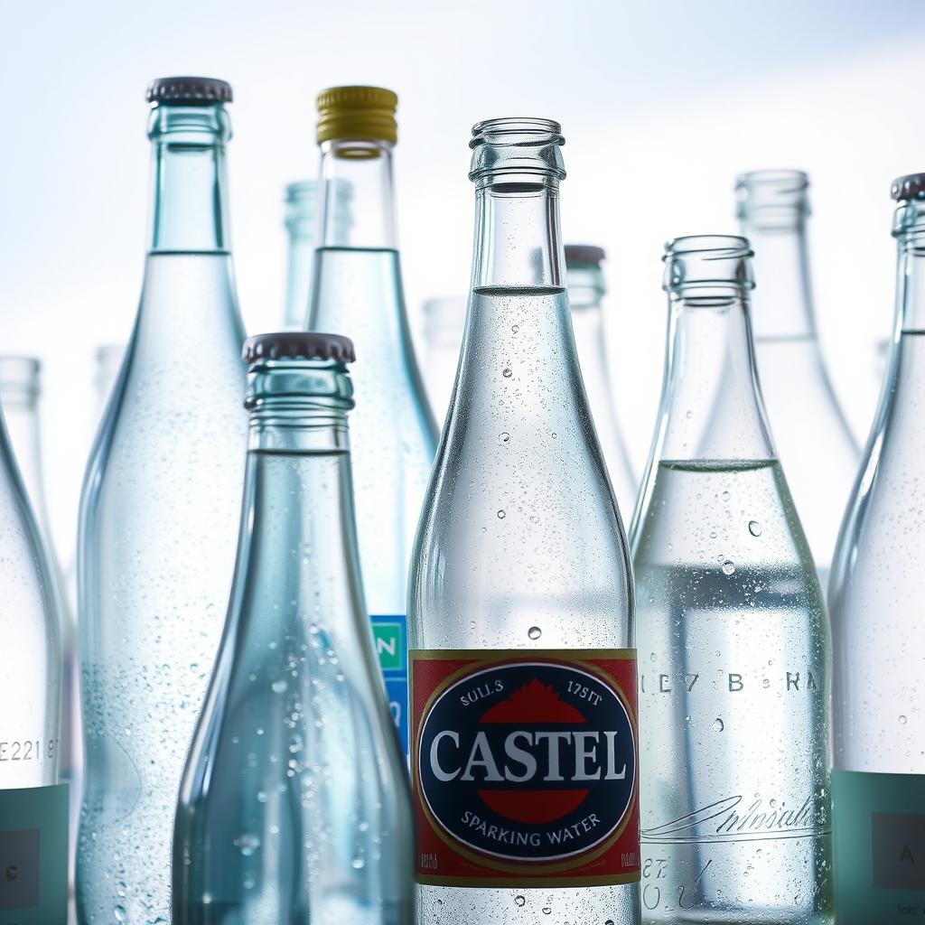 A display of various clear glass bottles filled with sparkling water, reflecting light in a brightly lit room with a soft, pastel background