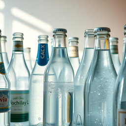 A display of various clear glass bottles filled with sparkling water, reflecting light in a brightly lit room with a soft, pastel background