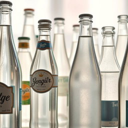 A display of various clear glass bottles filled with sparkling water, reflecting light in a brightly lit room with a soft, pastel background