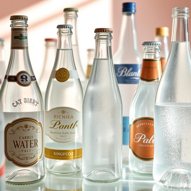 A display of various clear glass bottles filled with sparkling water, reflecting light in a brightly lit room with a soft, pastel background