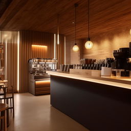 Interior design of a 10m x 10m coffee shop with comfortable seating, aesthetic lighting, and an inviting coffee bar.