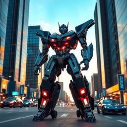 A futuristic and sleek robot transformer, featuring metallic arms and legs that can change shape and design seamlessly, set in an urban landscape with towering skyscrapers reflecting the sunset