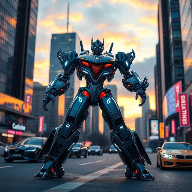 A futuristic and sleek robot transformer, featuring metallic arms and legs that can change shape and design seamlessly, set in an urban landscape with towering skyscrapers reflecting the sunset