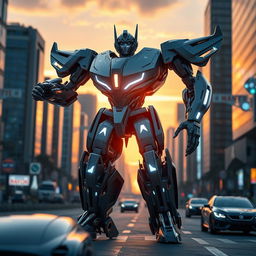 A futuristic and sleek robot transformer, featuring metallic arms and legs that can change shape and design seamlessly, set in an urban landscape with towering skyscrapers reflecting the sunset