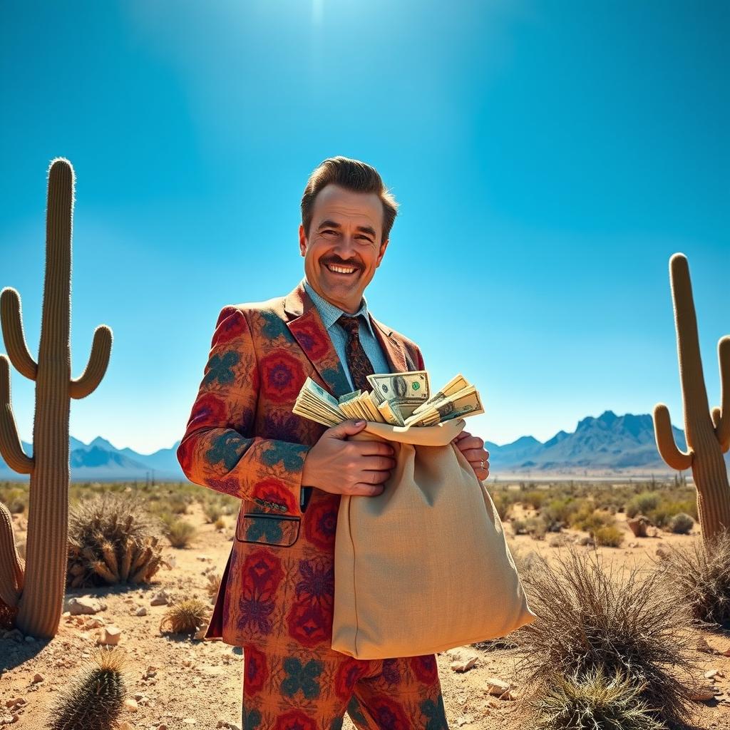 A rugged desert landscape under a bright blue sky, featuring Saul Goodman, a charismatic lawyer with slicked-back hair and a colorful suit