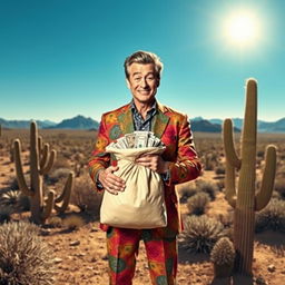 A rugged desert landscape under a bright blue sky, featuring Saul Goodman, a charismatic lawyer with slicked-back hair and a colorful suit