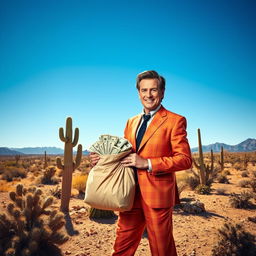 A rugged desert landscape under a bright blue sky, featuring Saul Goodman, a charismatic lawyer with slicked-back hair and a colorful suit
