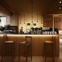 Interior design of a 10m x 10m coffee shop with comfortable seating, aesthetic lighting, and an inviting coffee bar.