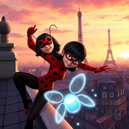 A vibrant and dynamic scene featuring characters inspired by the animated series Miraculous Ladybug