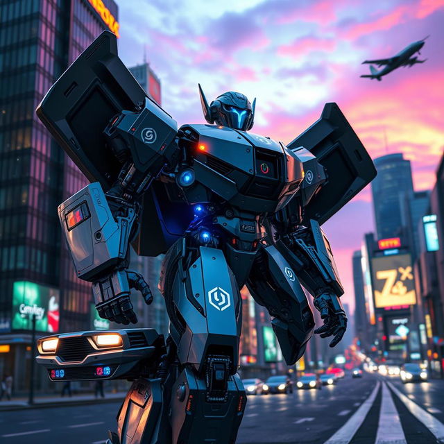 A futuristic robot transforming from a vehicle into a humanoid figure, showcasing intricate mechanical details and glowing symbols