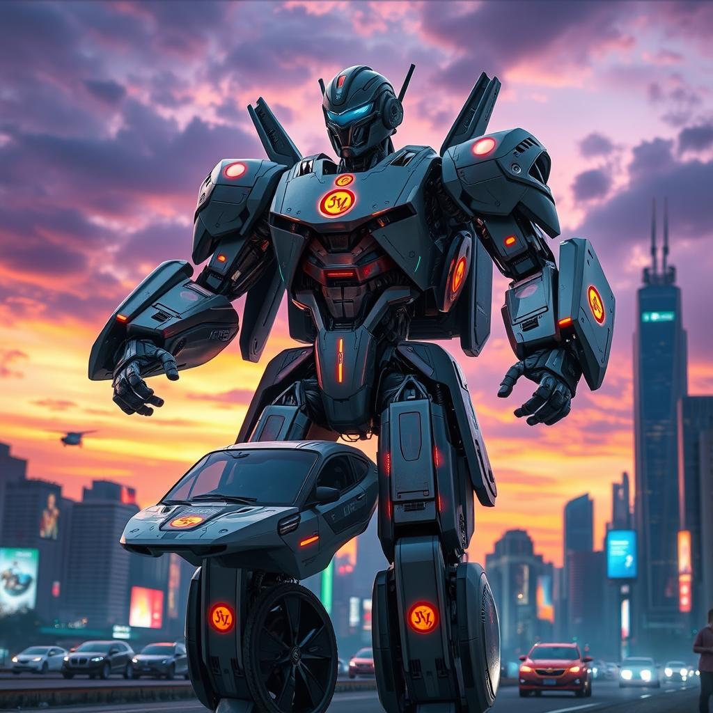 A futuristic robot transforming from a vehicle into a humanoid figure, showcasing intricate mechanical details and glowing symbols