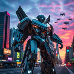 A futuristic robot transforming from a vehicle into a humanoid figure, showcasing intricate mechanical details and glowing symbols