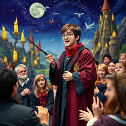 A vibrant scene of a Harry Potter cosplayer passionately speaking in front of an engaged audience