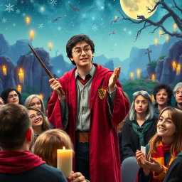 A vibrant scene of a Harry Potter cosplayer passionately speaking in front of an engaged audience