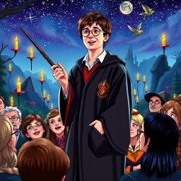 A vibrant scene of a Harry Potter cosplayer passionately speaking in front of an engaged audience