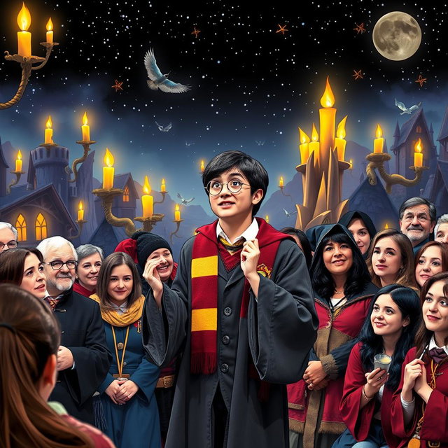A vibrant scene of a Harry Potter cosplayer passionately speaking in front of an engaged audience