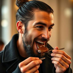 A close-up of a man wearing a stylish black coat and a man bun, engaged in the indulgent act of tasting chocolate paste