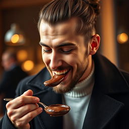 A close-up of a man wearing a stylish black coat and a man bun, engaged in the indulgent act of tasting chocolate paste