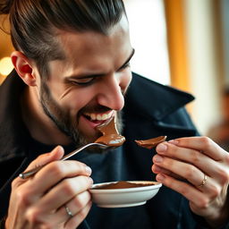A close-up of a man wearing a stylish black coat and a man bun, engaged in the indulgent act of tasting chocolate paste