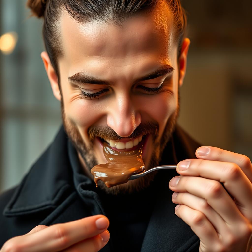 A close-up of a man wearing a stylish black coat and a man bun, engaged in the indulgent act of tasting chocolate paste