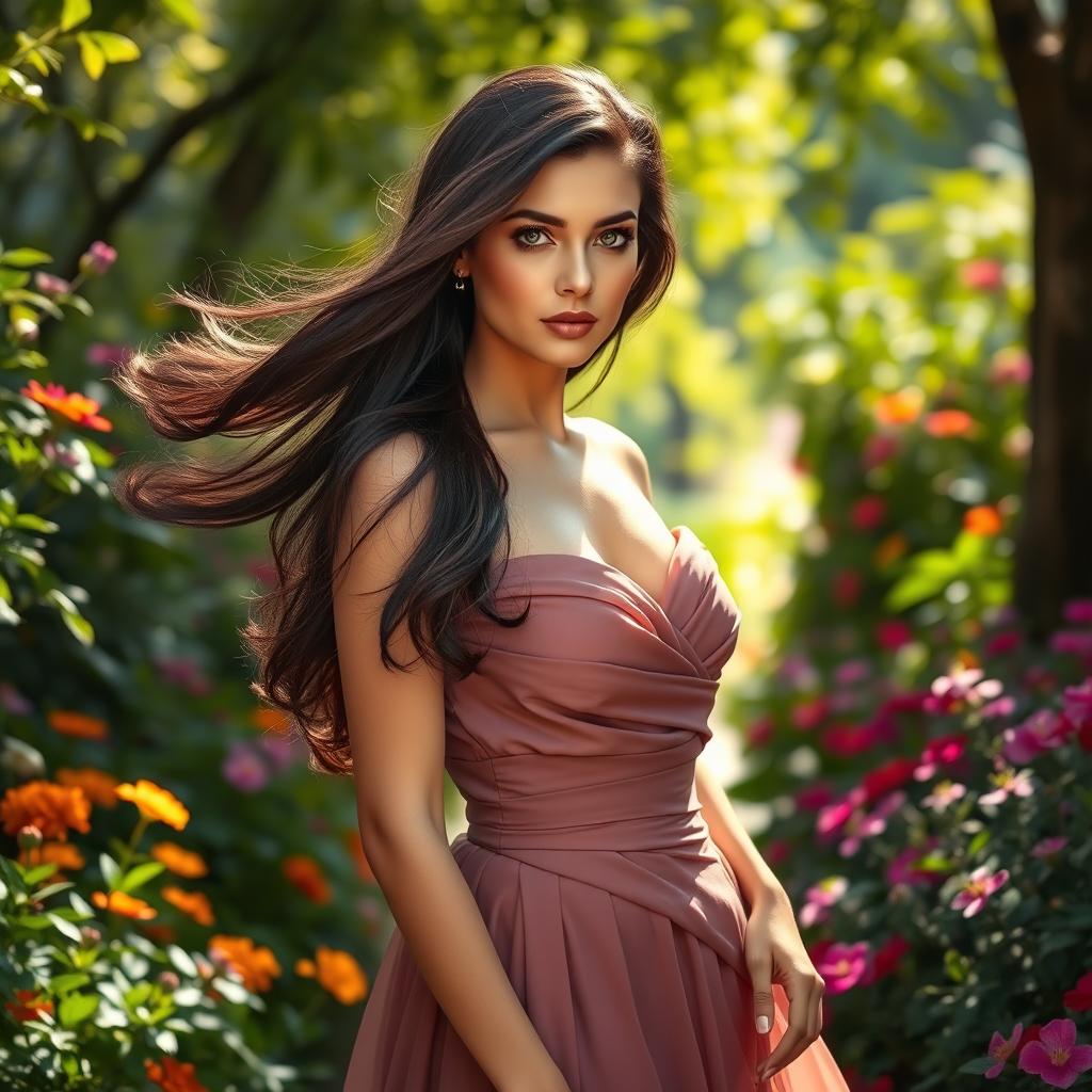 A beautiful woman named Layla with flowing dark hair and captivating green eyes, wearing an elegant flowing gown that accentuates her figure