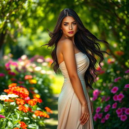 A beautiful woman named Layla with flowing dark hair and captivating green eyes, wearing an elegant flowing gown that accentuates her figure