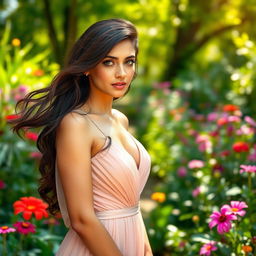 A beautiful woman named Layla with flowing dark hair and captivating green eyes, wearing an elegant flowing gown that accentuates her figure