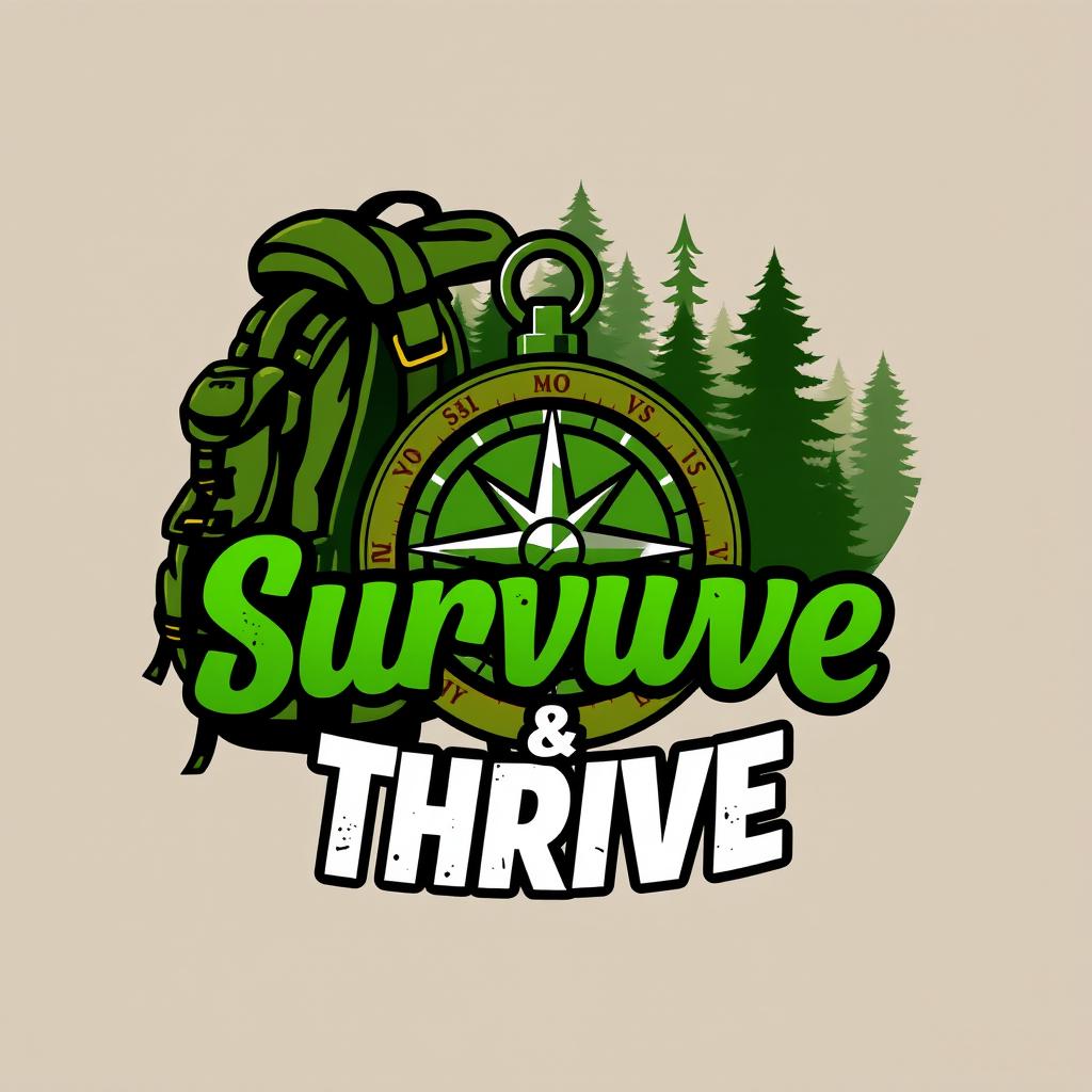 A captivating YouTube channel logo centered around the theme of survival, featuring a compass, a rugged backpack, and a forest silhouette in the background
