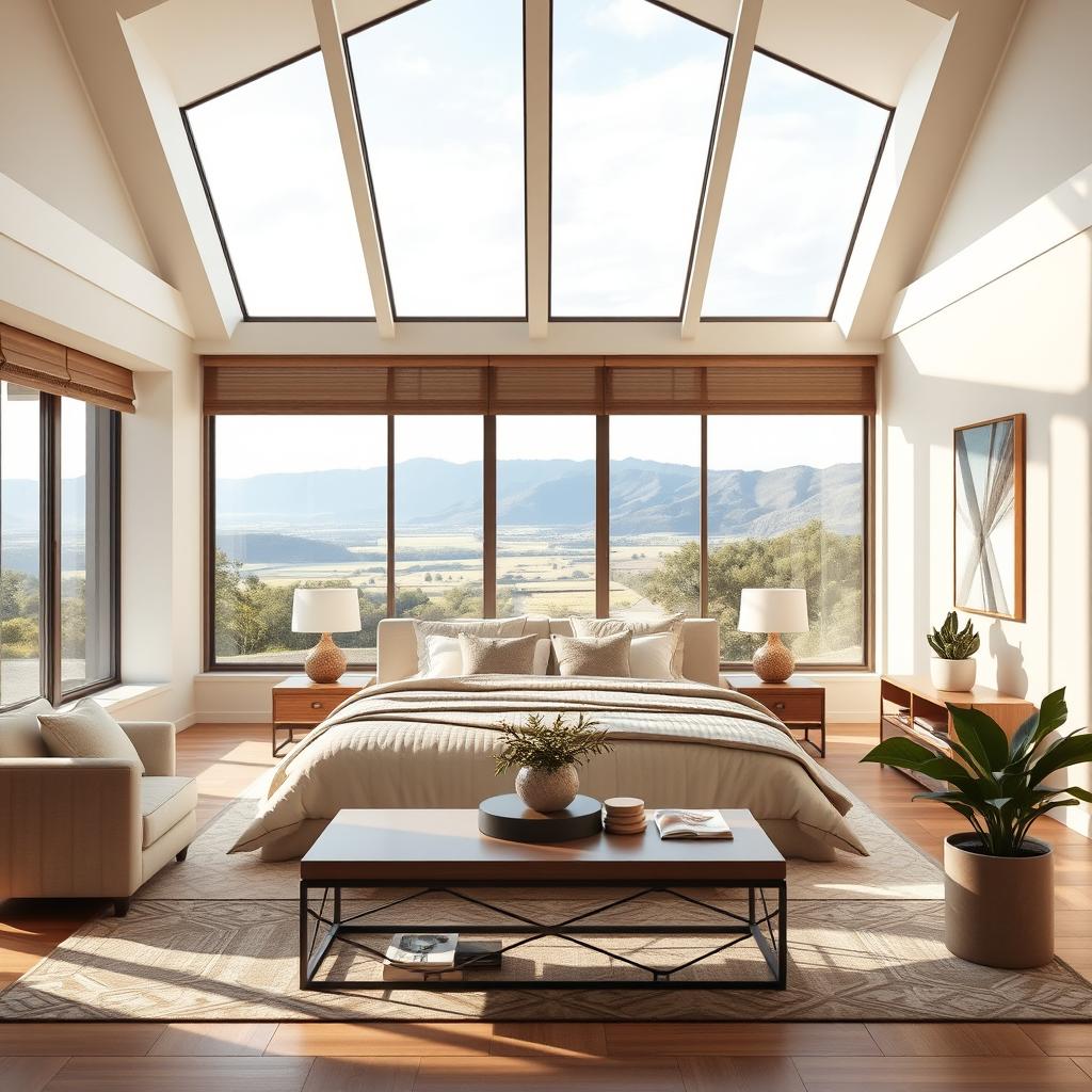 A spacious dream room featuring a large window wall behind a beautifully designed king-sized bed