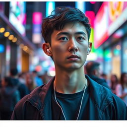 A close-up of a person standing in a vibrant, modern urban setting, focusing on their head and shoulders