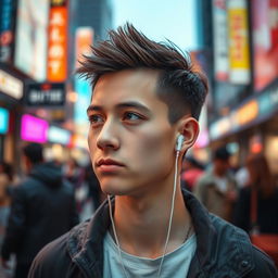 A close-up of a person standing in a vibrant, modern urban setting, focusing on their head and shoulders