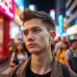 A close-up of a person standing in a vibrant, modern urban setting, focusing on their head and shoulders