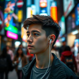 A close-up of a person standing in a vibrant, modern urban setting, focusing on their head and shoulders