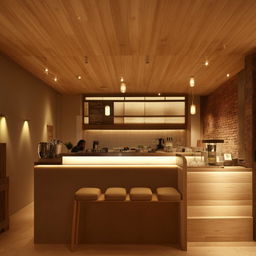 Interior design of a 10m x 10m coffee shop with comfortable seating, aesthetic lighting, and an inviting coffee bar.