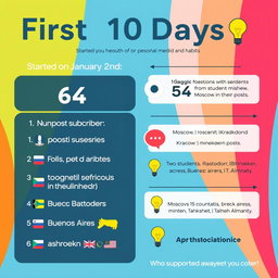 A visually engaging infographic that summarizes the first 10 days of a social media channel focused on personal growth and habits