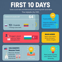 A visually engaging infographic that summarizes the first 10 days of a social media channel focused on personal growth and habits