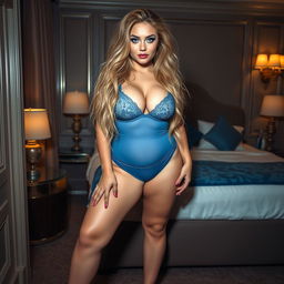 A full length, head to toe photograph of a beautiful, pleasantly plump 18 year old girl with very thick, long, messy dirty blond hair that cascades around her shoulders