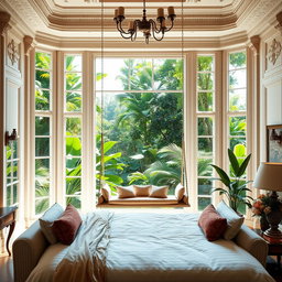 A luxurious dream room featuring a large wall of windows behind an elegantly designed bed